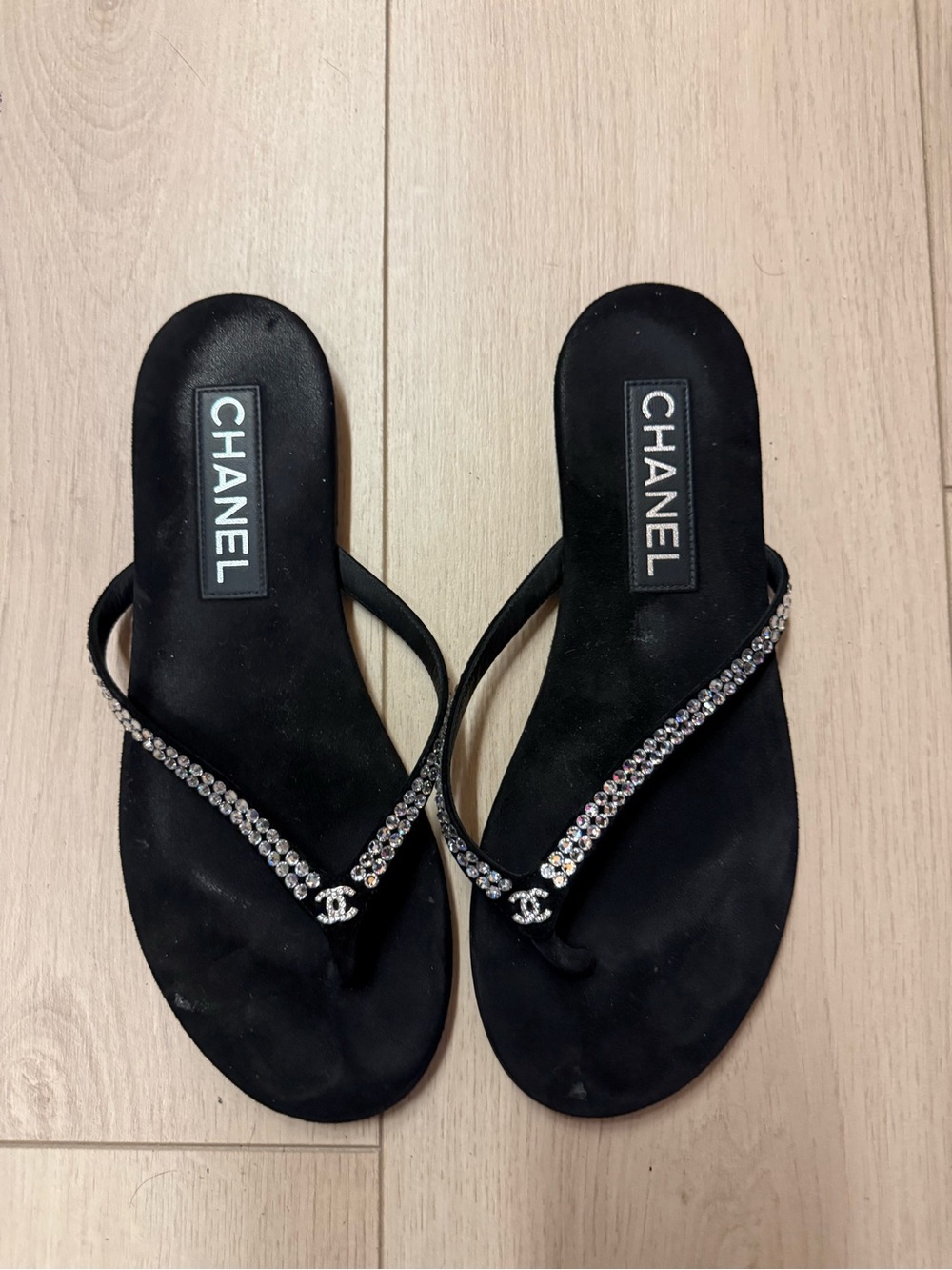 CHANEL Black Crystal-Trim Flip Flops
